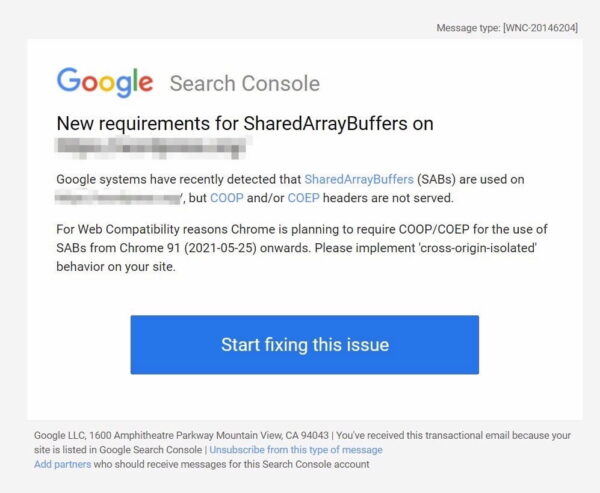 Did Google Search Console send an email with an error message?